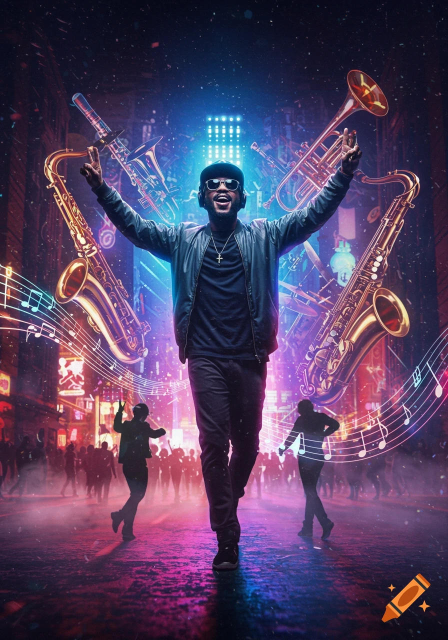 A man walks forward with arms raised in a neon-lit city street at night, surrounded by floating musical instruments and a silhouetted crowd.