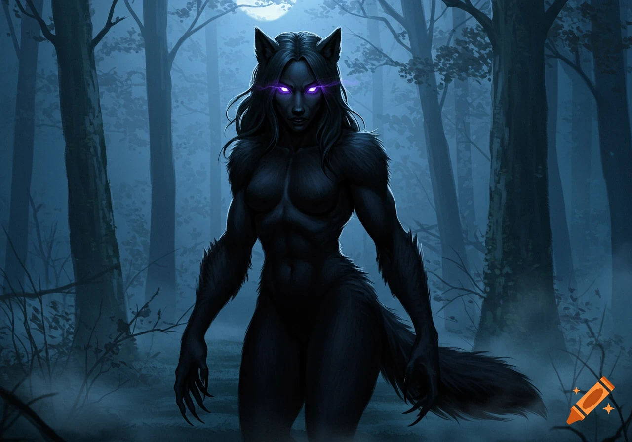 A muscular female werewolf with black fur and glowing purple eyes stands in a dark, misty forest under a full moon.
