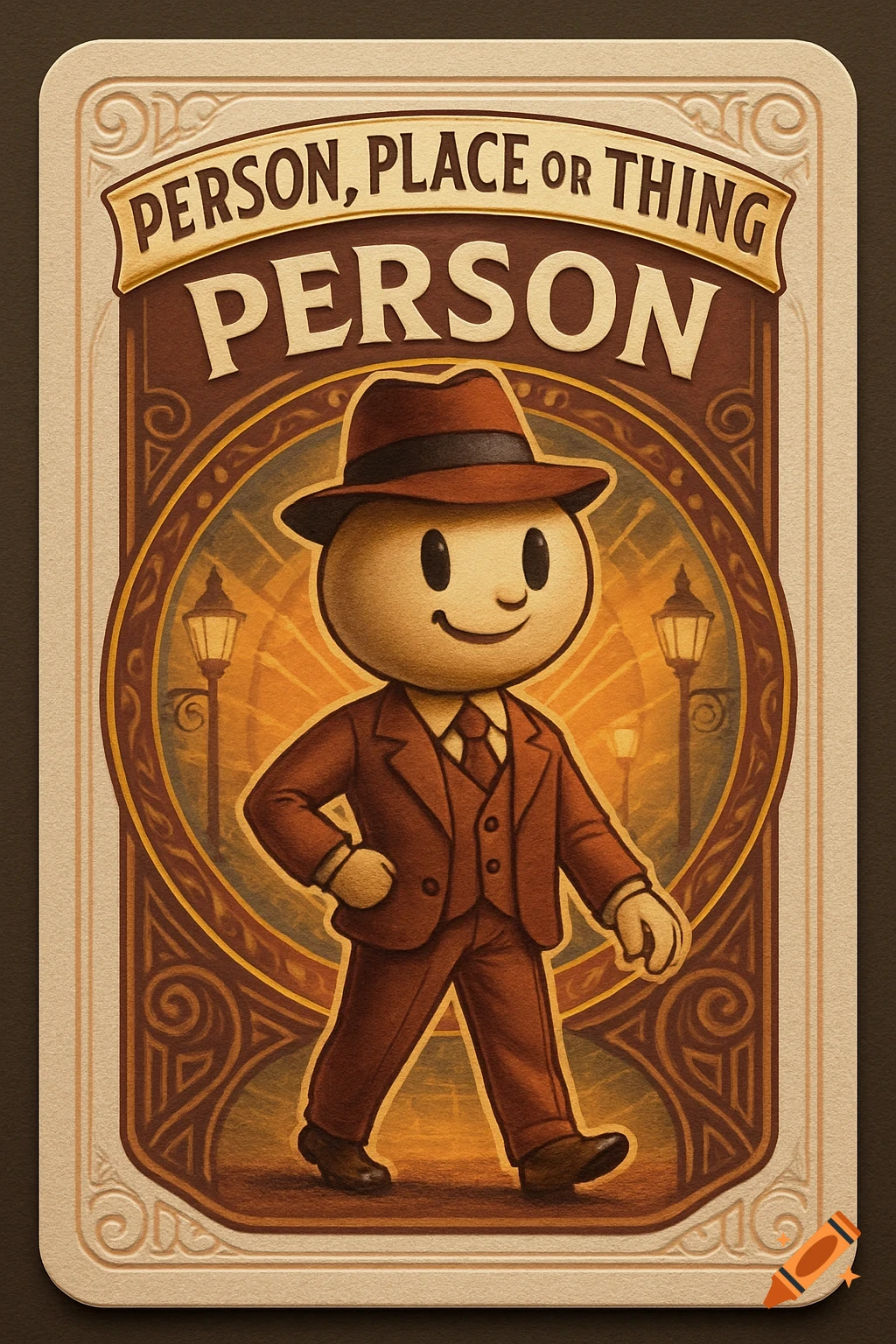 A vintage-style playing card for 'PERSON, PLACE OR THING' featuring a cartoon character in a suit and fedora.