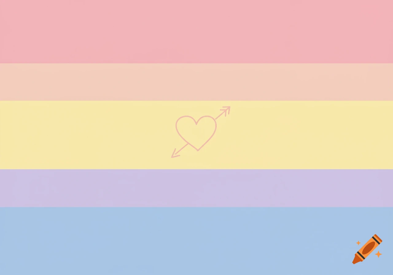 A minimalist pastel-colored flag with horizontal stripes in pink, peach, yellow, lavender, and blue, featuring a pink heart pierced by an arrow in the center.