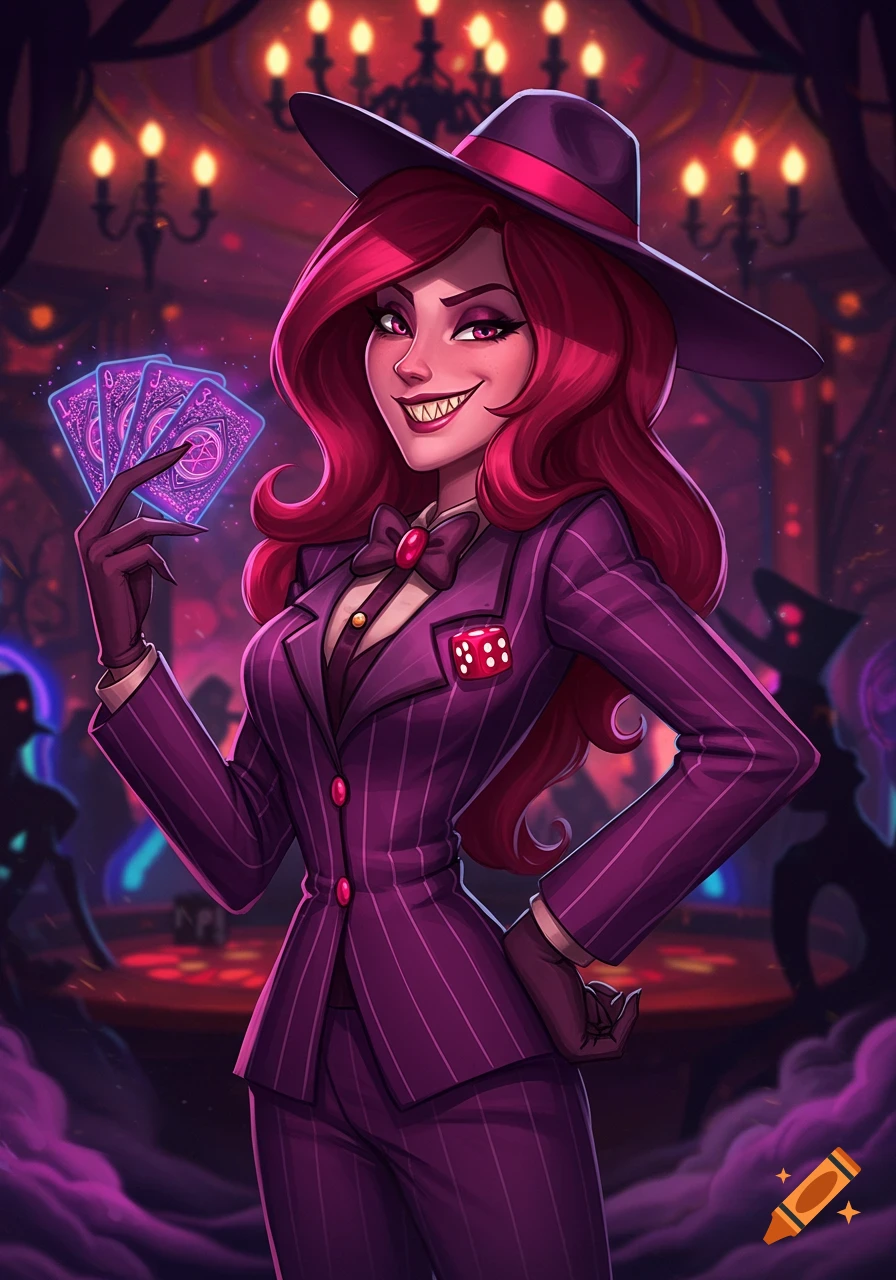 A cartoon red-haired female gambler in a purple suit and hat holds glowing cards in an ornate casino.