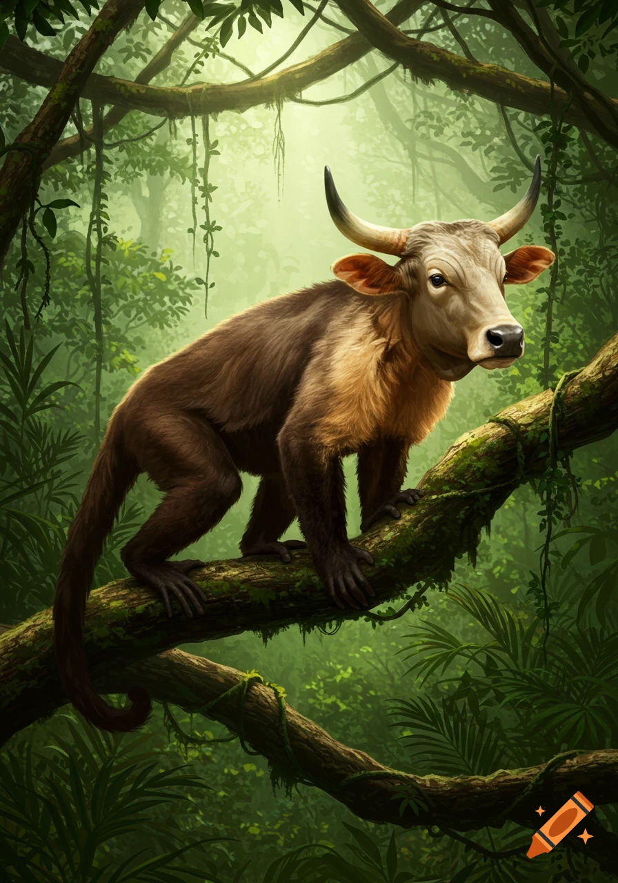 A creature with a Brahmin bull's head and a monkey's body perched on a mossy branch in a lush jungle.