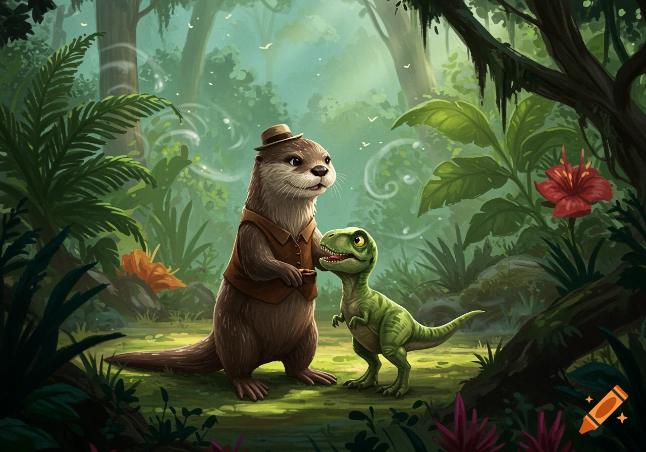 A friendly anthropomorphic otter in a hat and vest pets a smiling baby T-rex in a lush jungle.