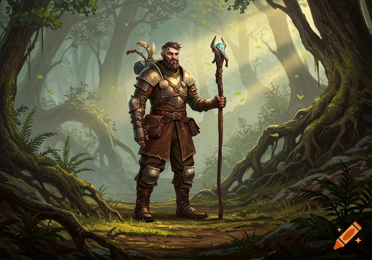 A male adventurer with a beard, wearing armor and a backpack, stands in a mystical forest, holding a glowing staff.