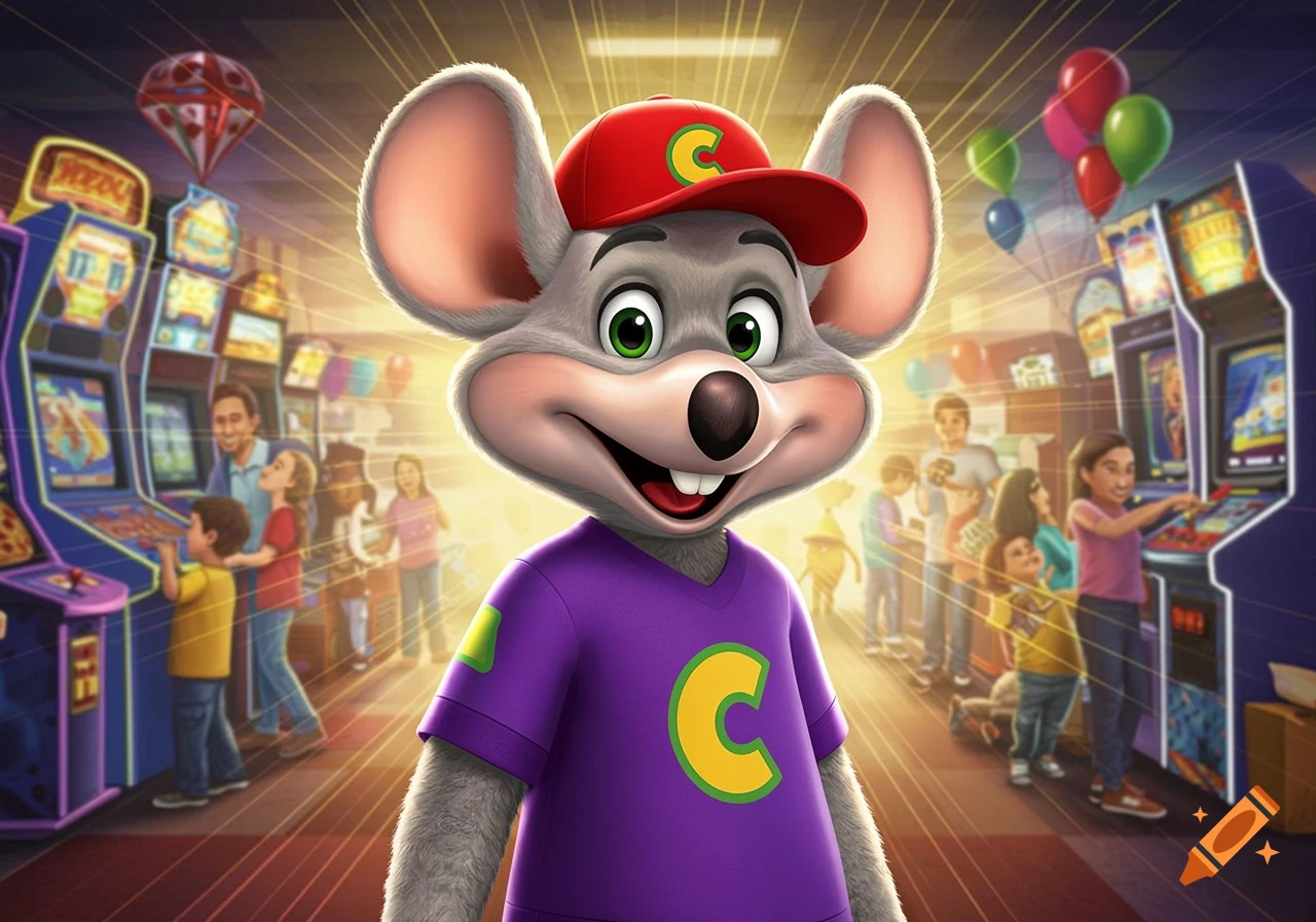 Chuck E. Cheese in a red cap and purple shirt smiles in a brightly lit arcade with people playing games.
