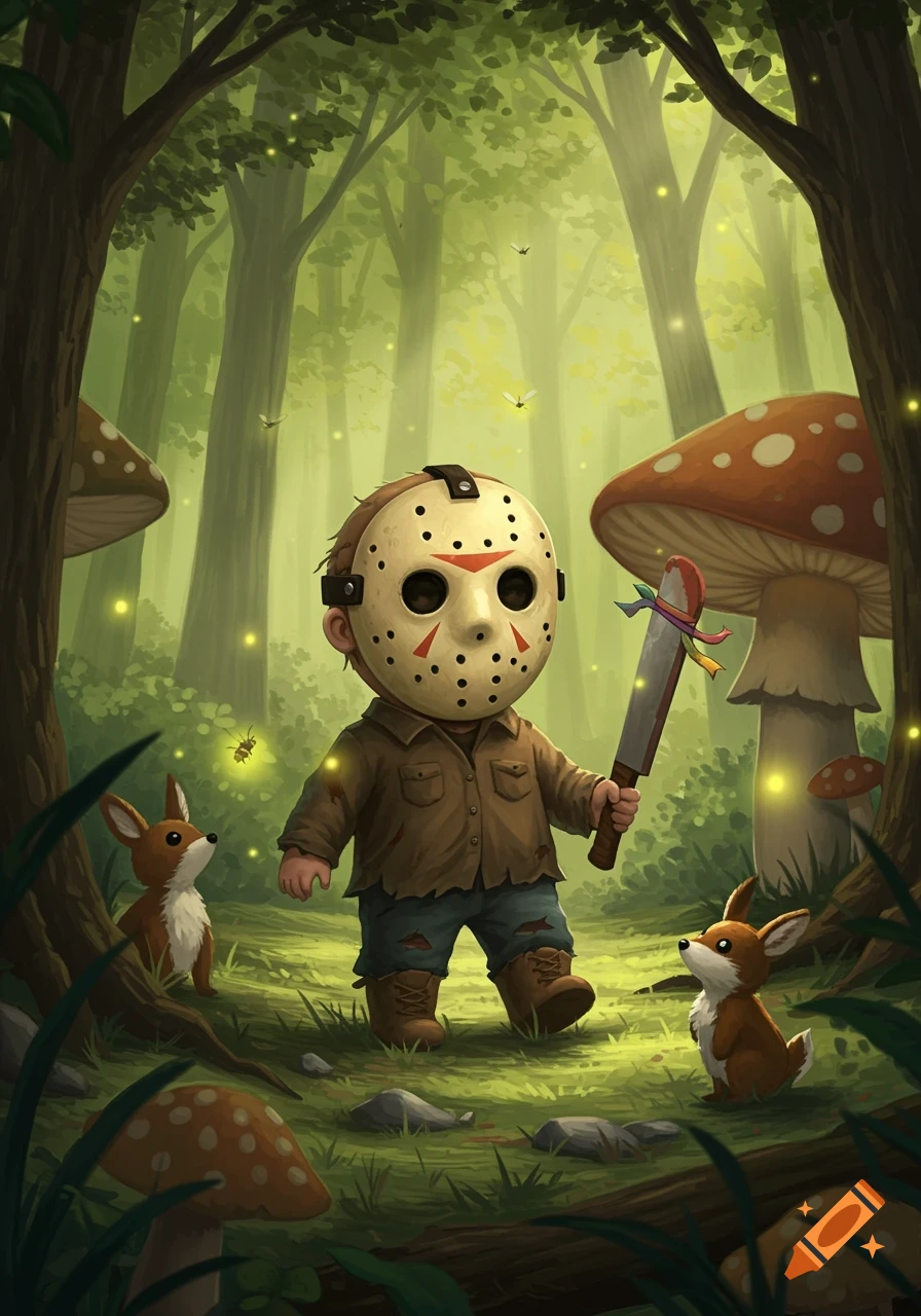 A cute, chibi Jason Voorhees in a magical forest with fawns, holding a machete adorned with colorful ribbons. Illustration.