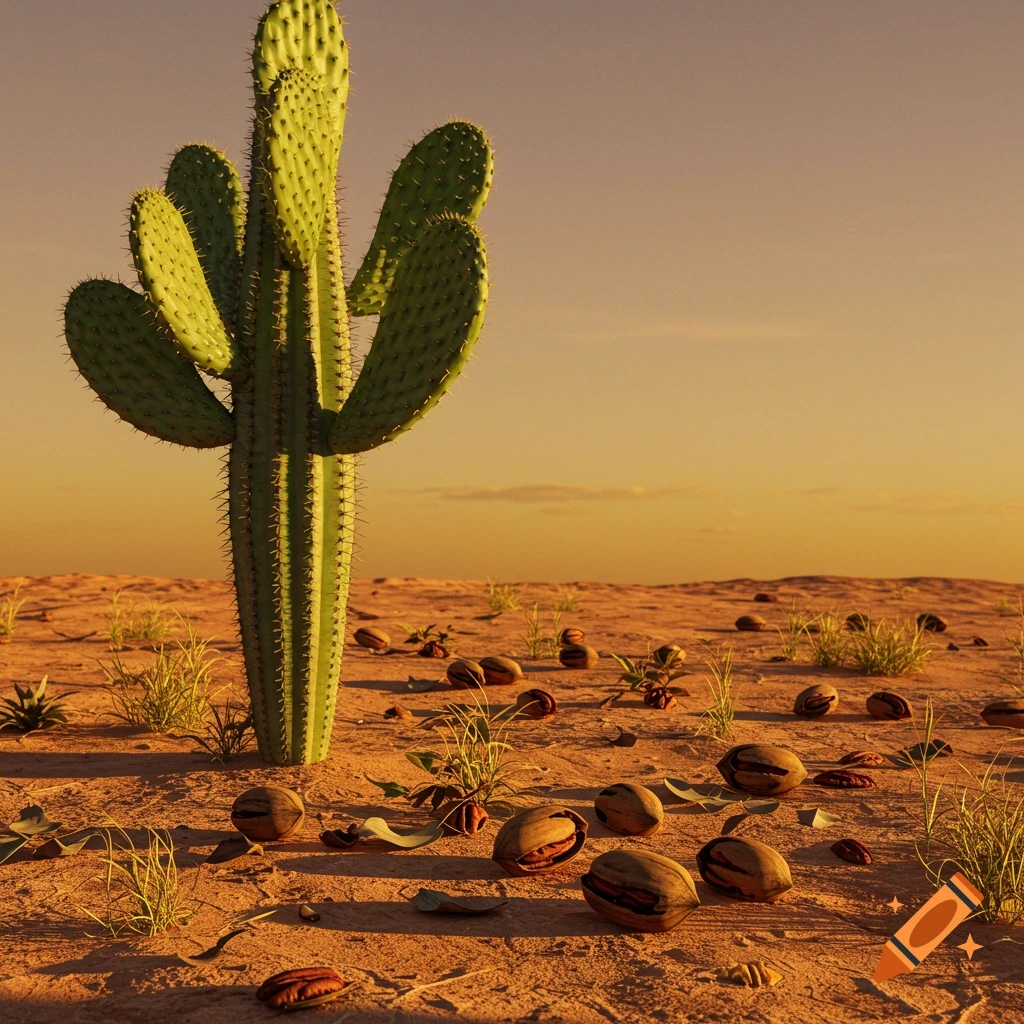 A tall saguaro cactus in a desert landscape with pecans on the sandy ground at sunset.