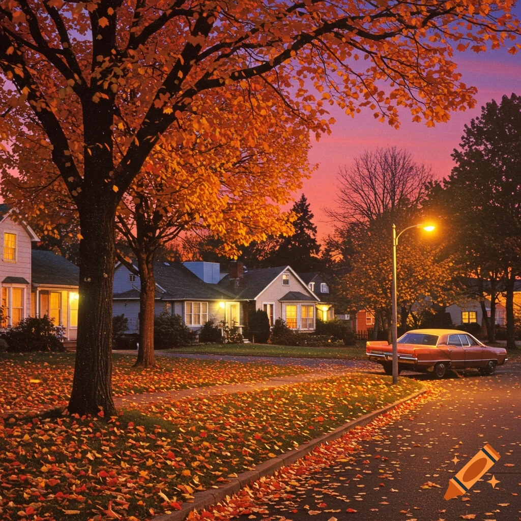 A suburban street scene at twilight with warm lights from houses, a vintage car, and orange autumn leaves on trees and ground.