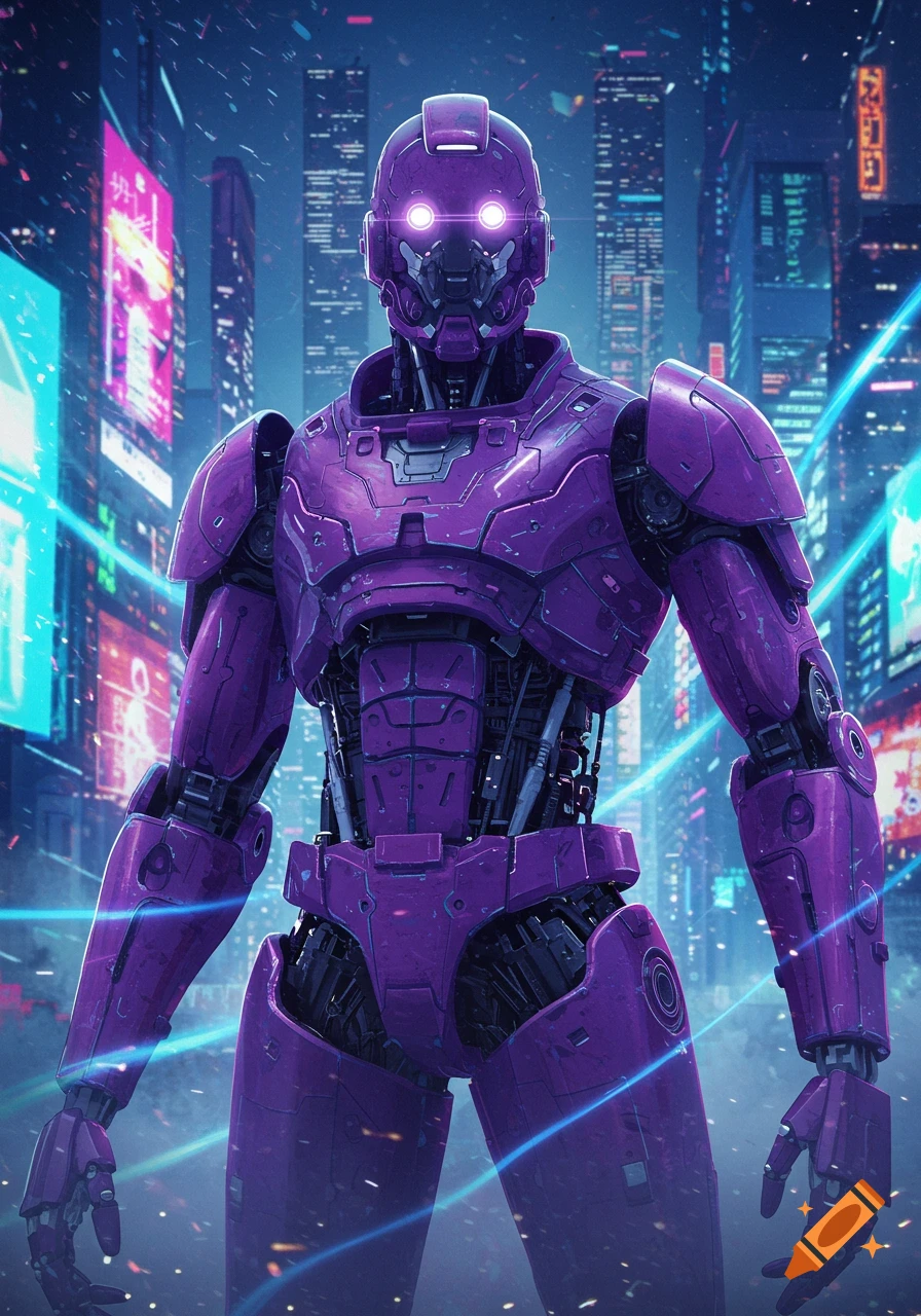 A detailed purple robot with glowing eyes stands in a neon-lit cyberpunk city at night.