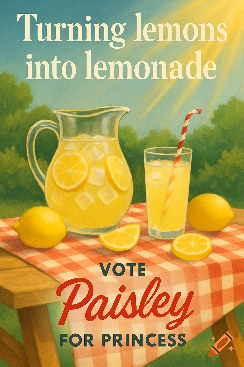 A vintage-style poster showing a pitcher and glass of lemonade with lemons on a picnic table. Text: 'Turning lemons into lemonade' and 'Vote Paisley for Princess'.