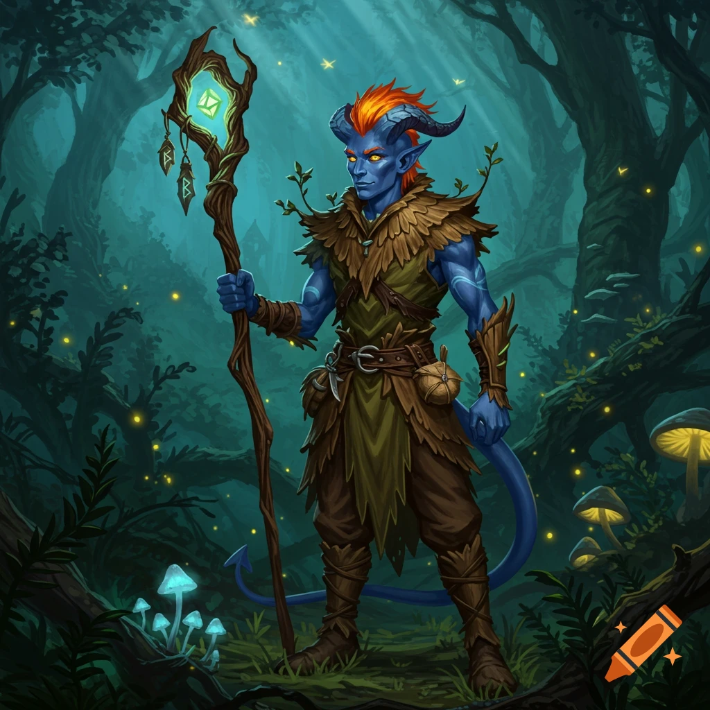 A blue-skinned, horned tiefling druid with an orange mohawk, wearing leafy armor, holds a glowing runic staff in a magical forest with glowing mushrooms.