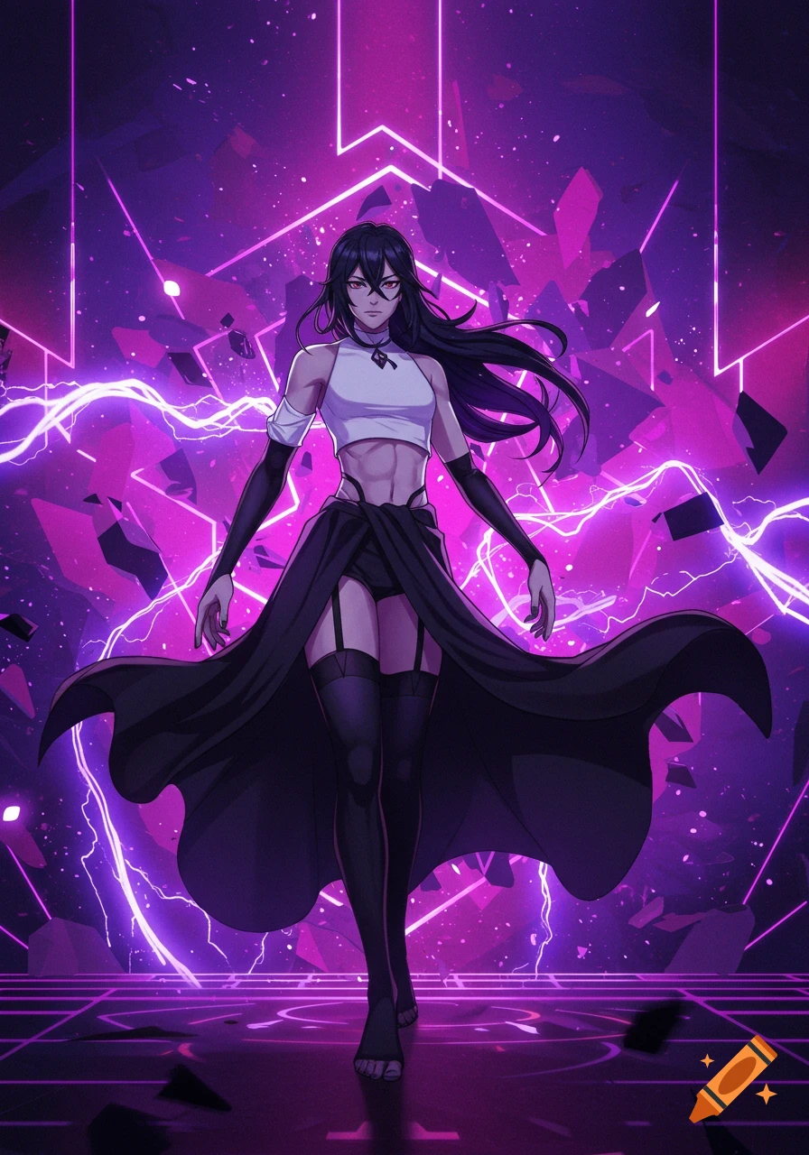 Anime character in a white crop top and black skirt with thigh-high stockings, against a vibrant purple neon background with energy.