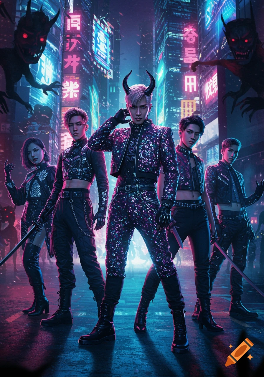 A group of Kpop-style demon hunters in sequined outfits stand in a neon-lit cyberpunk city street with stylized demons.