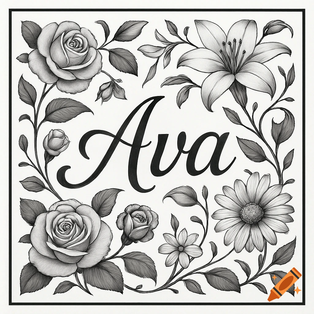 A black and white drawing featuring the name 'Ava' in elegant cursive font, encircled by an assortment of roses, lilies, and daisies.