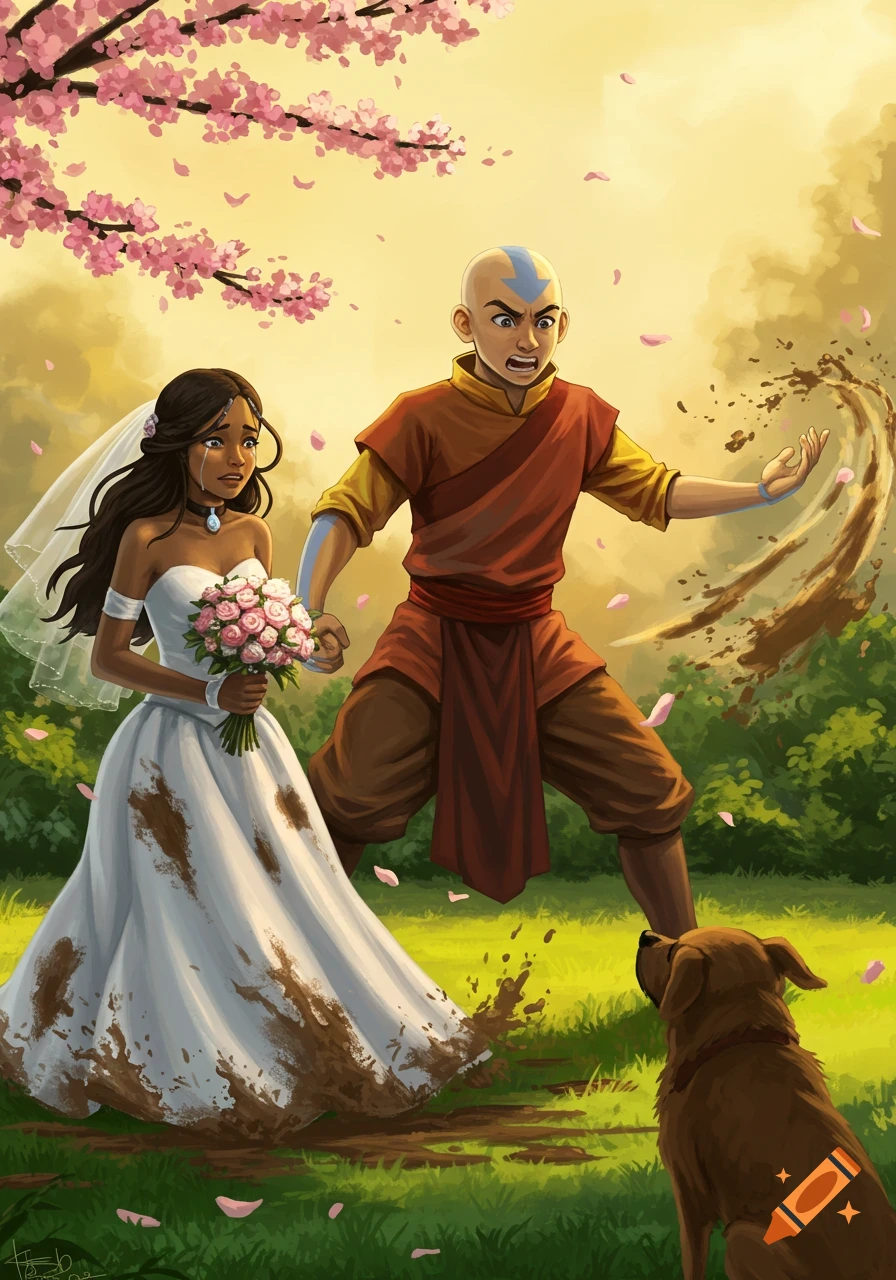 Katara in a mud-splattered wedding dress cries while a furious Aang, poised to air bend, glares at a dog under a cherry blossom tree.