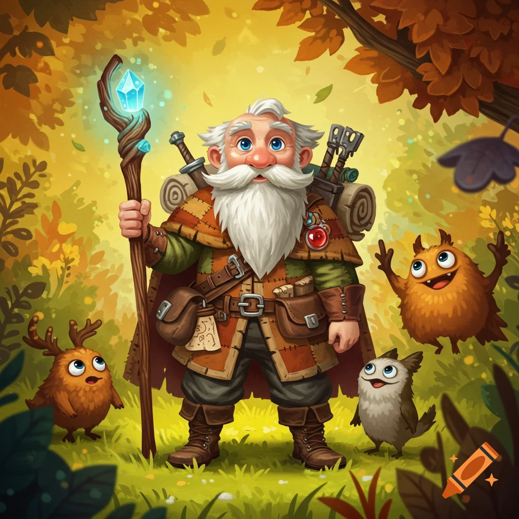 A whimsical cartoon of an old, bearded adventurer holding a glowing staff, surrounded by three small, friendly, furry monsters in an autumn forest.