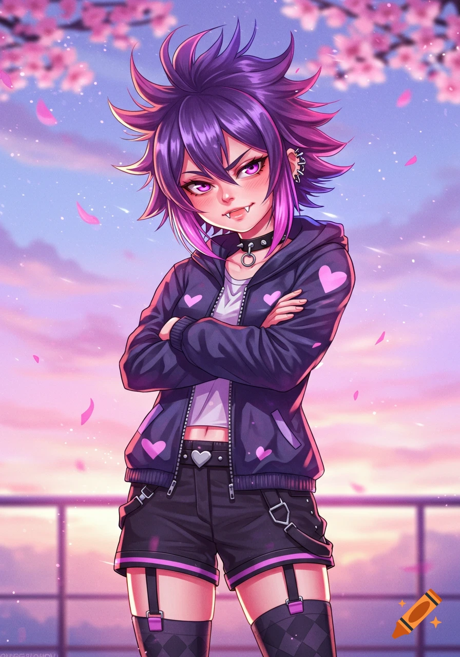 Anime girl with spiky purple hair, fangs, and a choker, wearing a heart-decorated jacket under cherry blossoms.