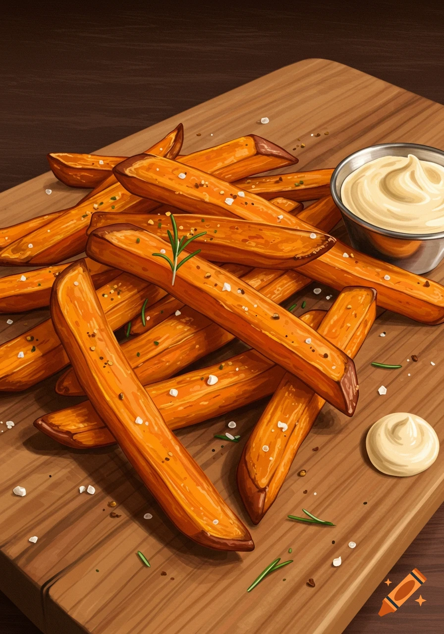 Stylized illustration of sweet potato fries with salt, rosemary, and dipping sauce on a wooden board.