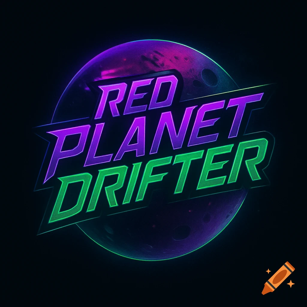 A neon-style logo with the words "RED PLANET DRIFTER" in purple and green against a purple planet on a dark background.