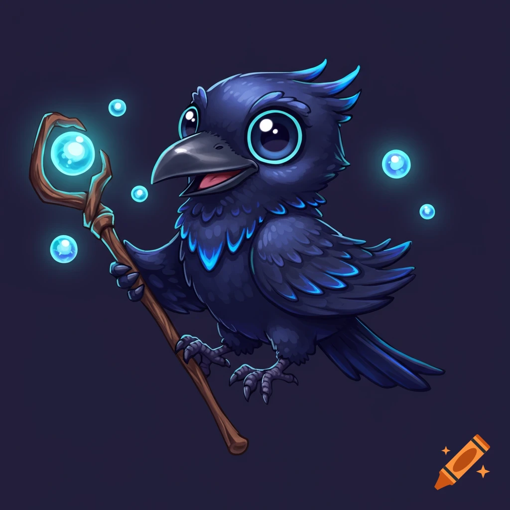 A cute, cartoonish black crow holds a magical staff with a glowing blue orb, surrounded by floating blue orbs.