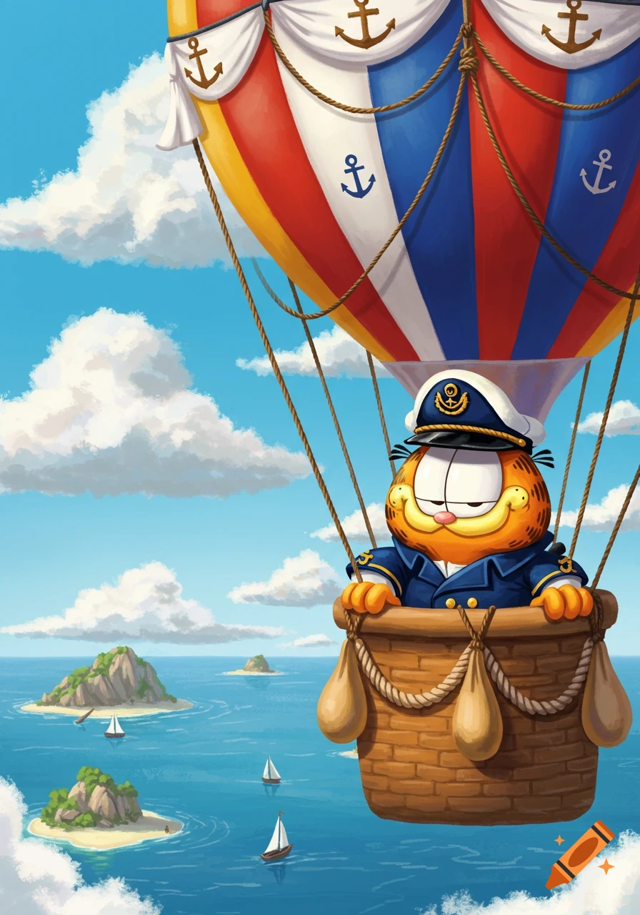 Cartoon Garfield the cat, dressed as a sea captain, pilots a red, white, and blue hot air balloon over a tropical ocean with islands and sailboats.