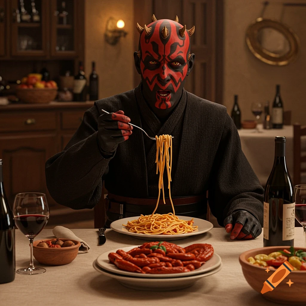 Darth Maul in a black robe sits at a dining table, holding a fork with spaghetti, with plates of food and wine bottles.
