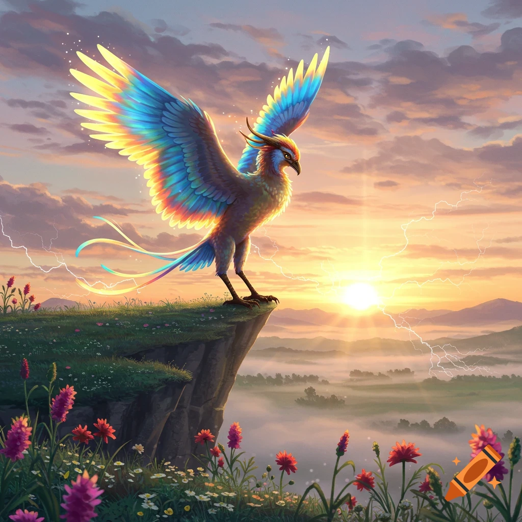 A vibrant, colorful bird with glowing wings perches on a cliff edge, overlooking a misty valley at sunset with distant lightning.
