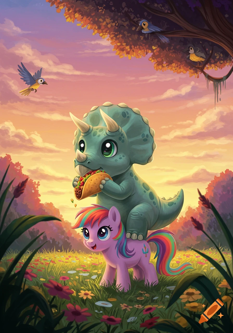 A cute baby triceratops rides on a pink pony with rainbow hair, eating a taco in a flowery field at sunset. Cartoon style.