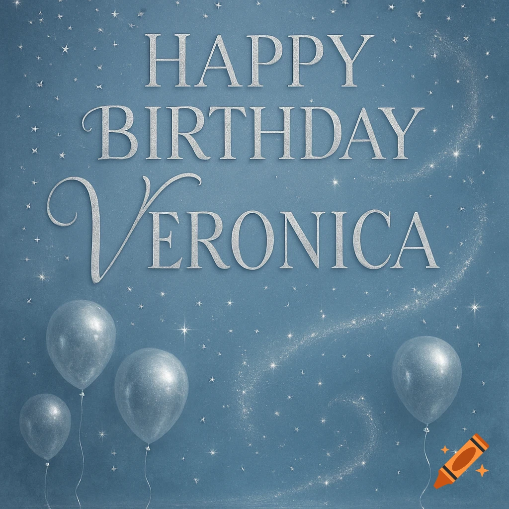 A birthday card with 'Happy Birthday Veronica' in silver text on a dusty blue background with balloons and sparkling stars.