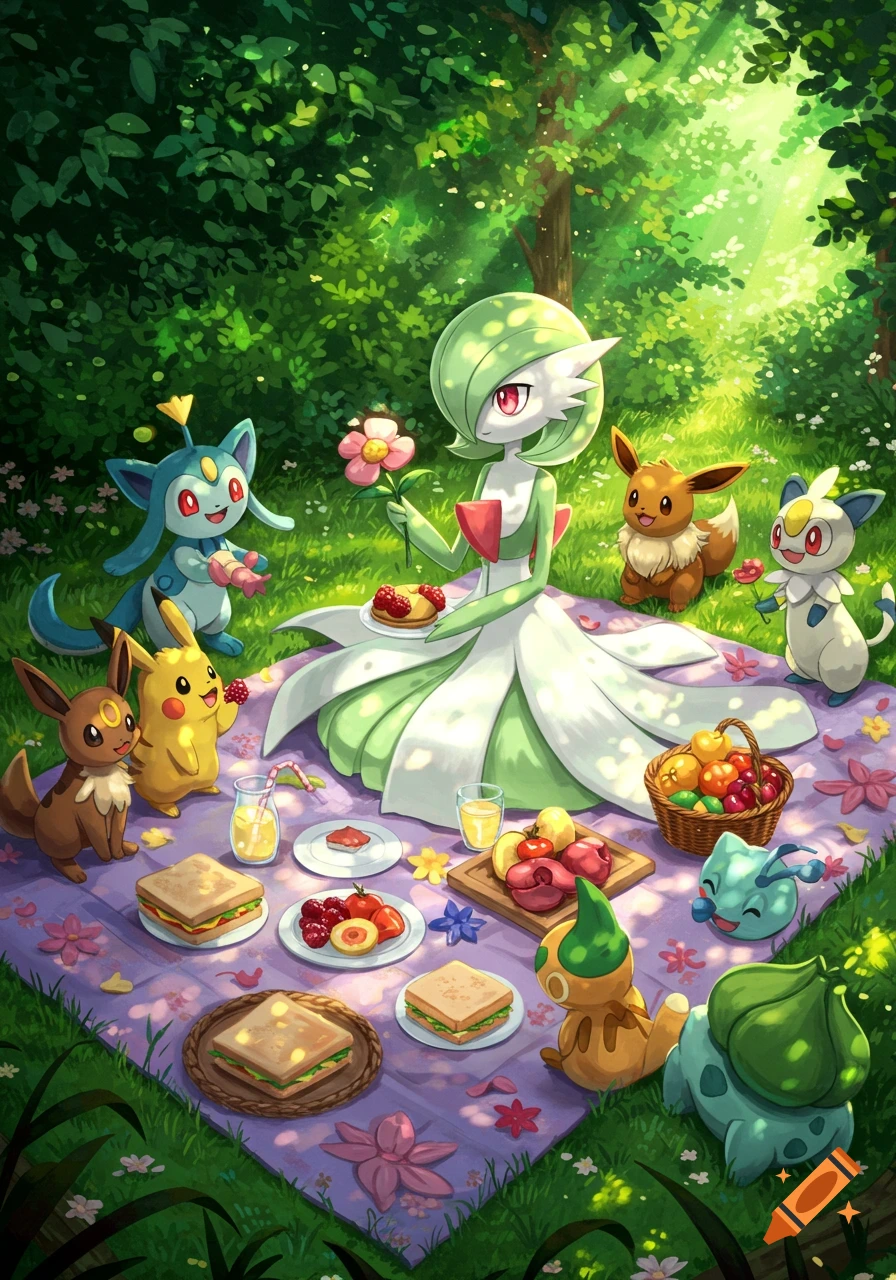 Gardevoir and other Pokémon, including Pikachu and Eevee, enjoy a sunny picnic on a purple blanket in a lush forest clearing.