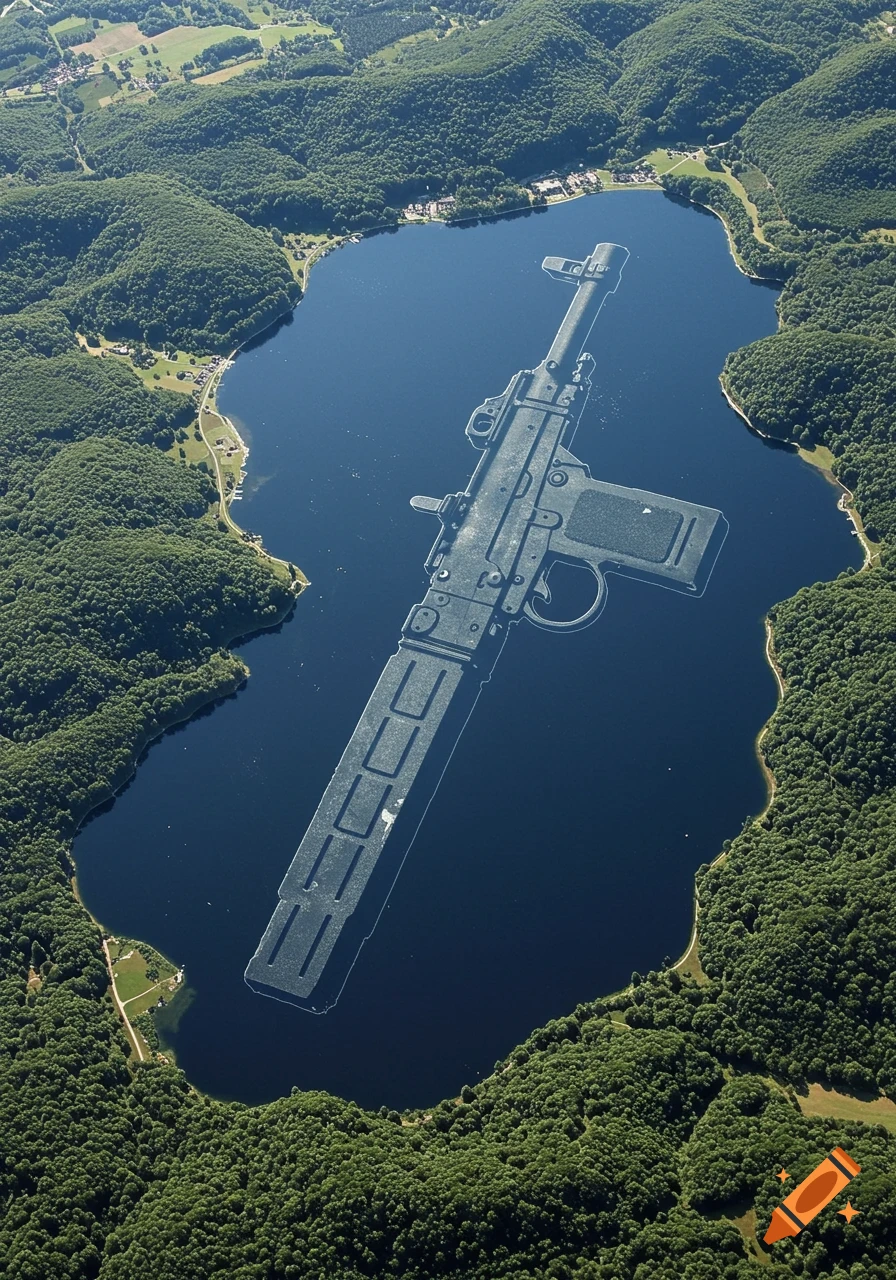 Aerial view of a rifle-shaped lake surrounded by green forests, rolling hills, and small villages under a clear sky.