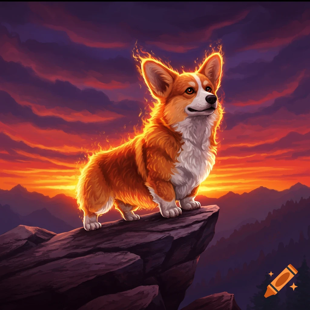 A fiery corgi stands majestically on a rocky cliff overlooking a mountain landscape at sunset, digital art.