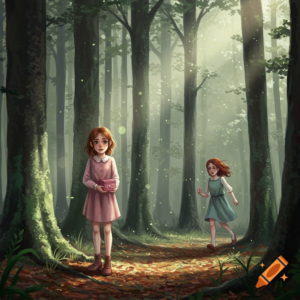Two sad girls in a mystical forest, one holding a pink box, the other running away in an illustrated fantasy style.