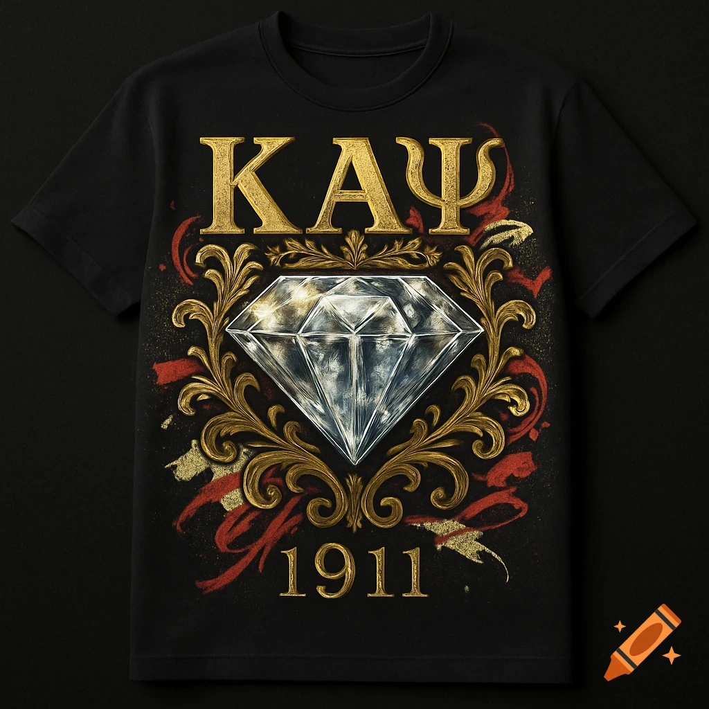 Black t-shirt with gold Greek letters "ΚΑΨ", a large faceted diamond, ornate gold scrolls, and "1911" below.