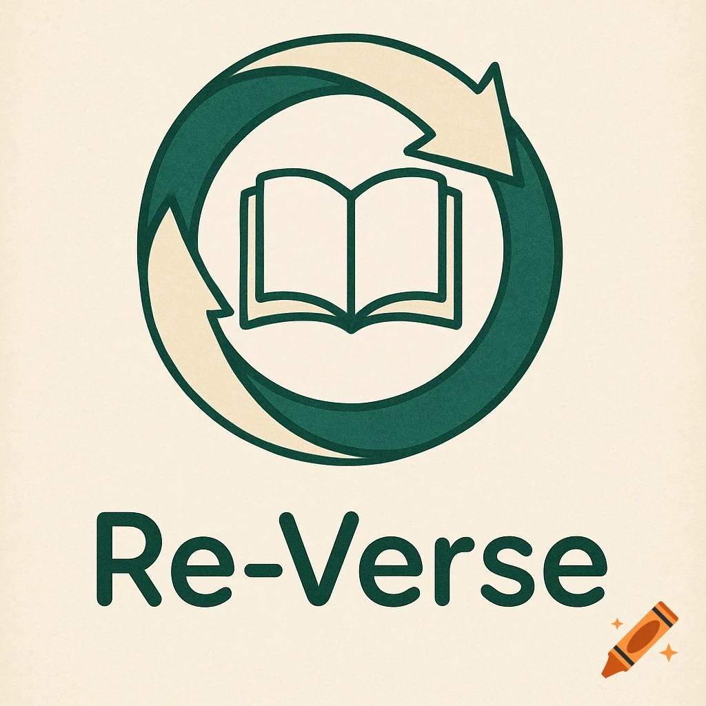 Green and ivory logo featuring two arrows forming a circle around an open book, with the text Re-Verse below.