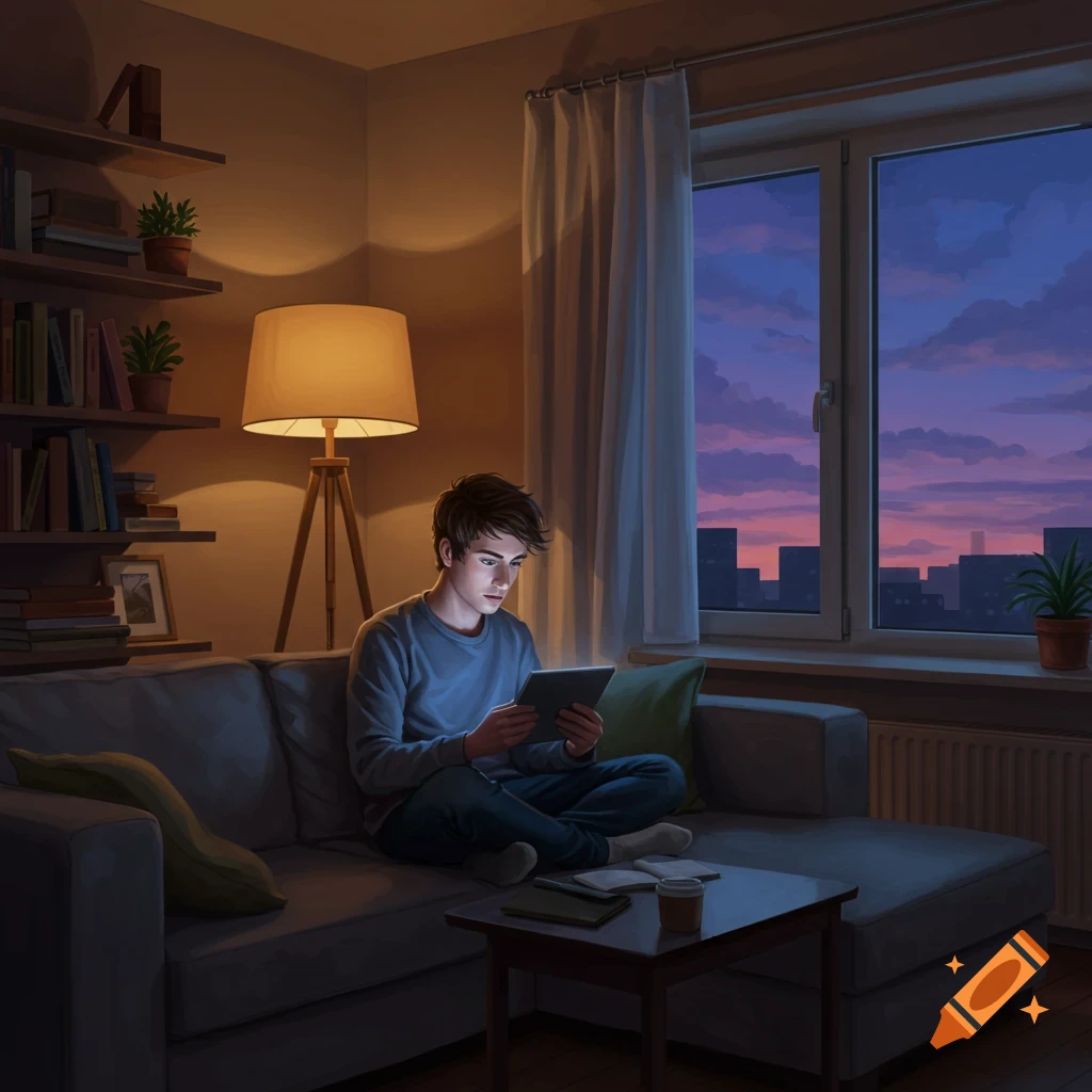 A young man sits on a sofa in a dimly lit living room, looking at a glowing tablet. A city skyline is visible through the window at dusk.