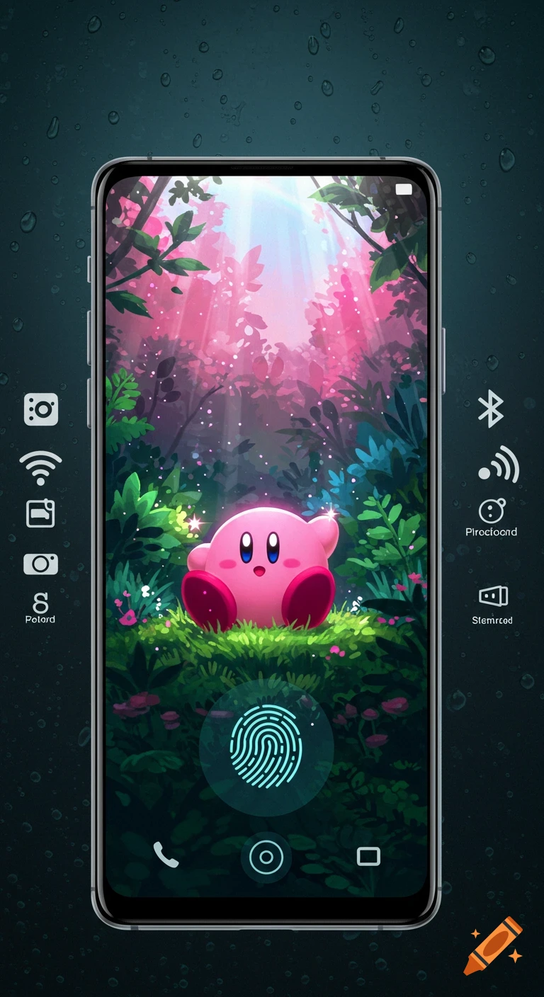 A pink Kirby sits in a lush, magical forest on a smartphone screen, with icons surrounding the phone.