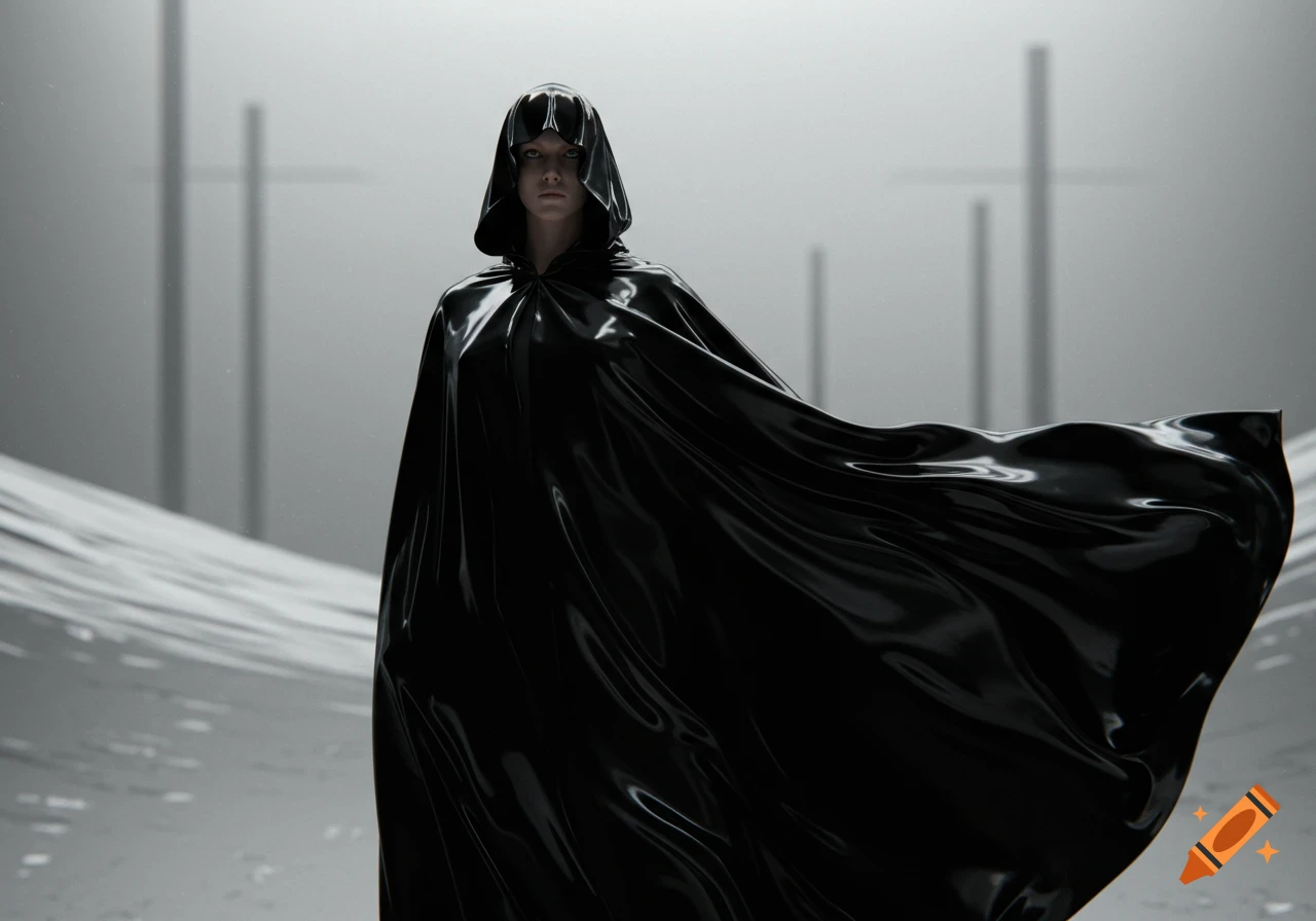 Photorealistic image of a person wearing a flowing black glossy cape in a stark, minimalist grey environment.