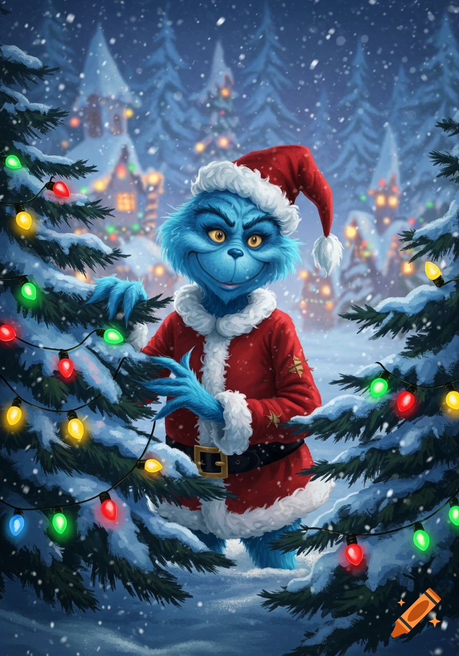 A blue Grinch-like character in a Santa suit stands among snow-covered Christmas trees in a festive winter village illustration.