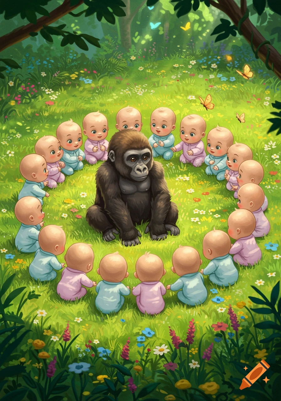 A cartoon baby gorilla sits in a circle surrounded by many babies dressed in pink and blue in a lush green forest with butterflies.