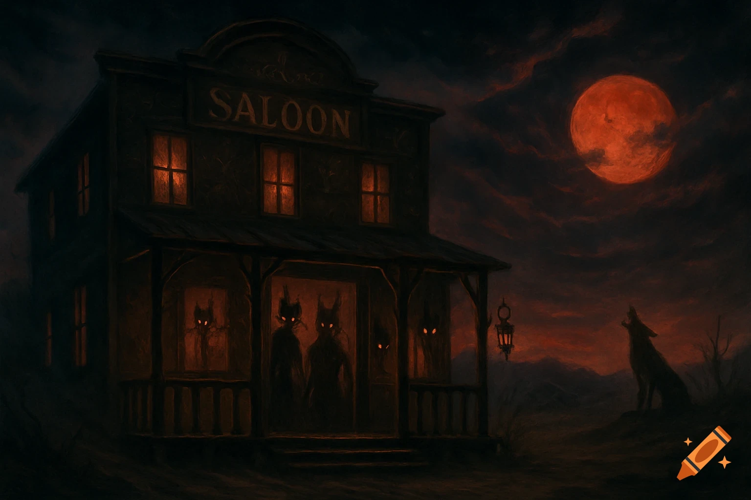 A spooky saloon with glowing-eyed figures under a blood moon, a wolf howling on a hill. Dark, gothic art style.