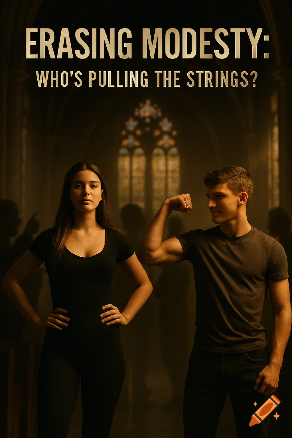 Cinematic image of a girl and boy in a dim church, titled 'Erasing Modesty: Who's Pulling the Strings?'