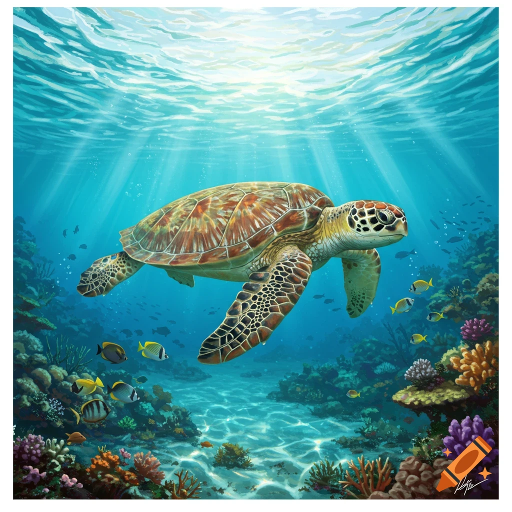 An illustration of a large sea turtle swimming gracefully above a vibrant coral reef, with sun rays piercing through the clear blue ocean surface.