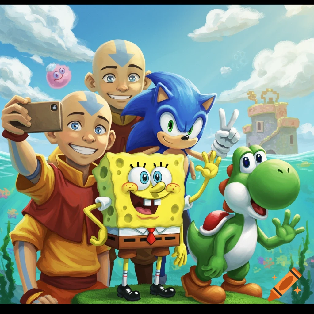 Aang takes a selfie with Sonic, Spongebob, and Yoshi in a vibrant, painted crossover illustration.
