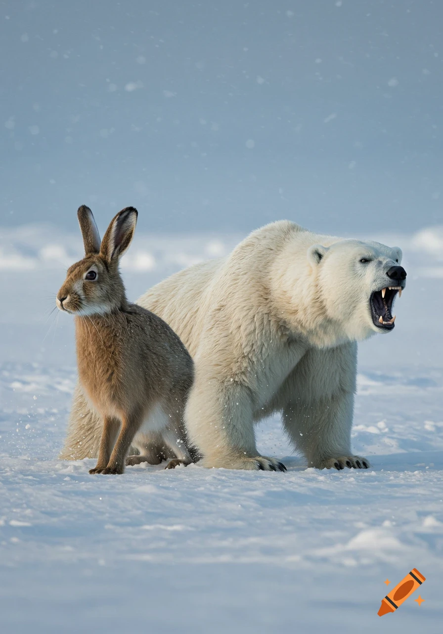 A photorealistic image of a brown arctic hare standing next to a roaring polar bear in a snowy landscape.