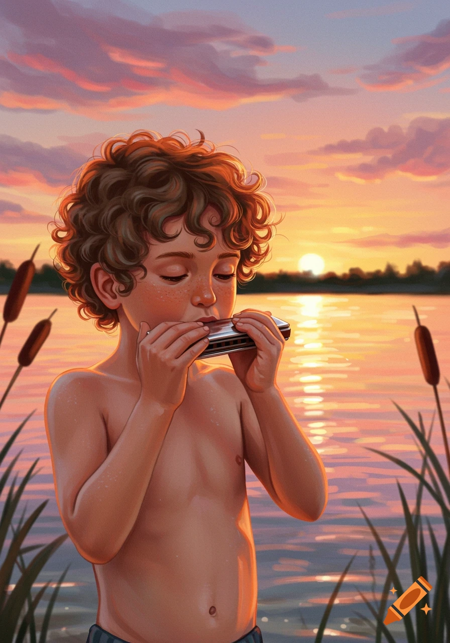 A boy with curly hair plays a harmonica by a lake at sunset, with reeds in the foreground. Illustrated style.
