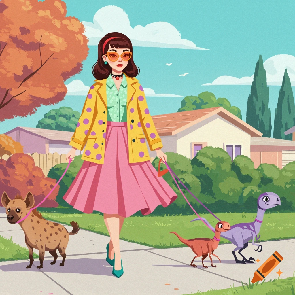 A stylish woman in a pink skirt and yellow polka-dot jacket walks a hyena and two raptors on leashes in a retro-animated suburban scene.