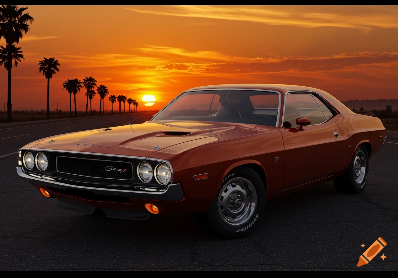 A classic orange 1970s Dodge Challenger muscle car is parked on a road at sunset, with a line of palm trees silhouetted against the vibrant orange sky.