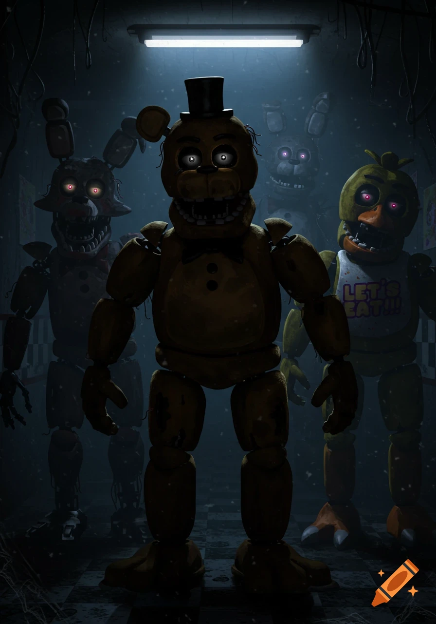 Four animatronic characters, including Golden Freddy and Chica, stand menacingly with glowing eyes in a dark, dusty room.