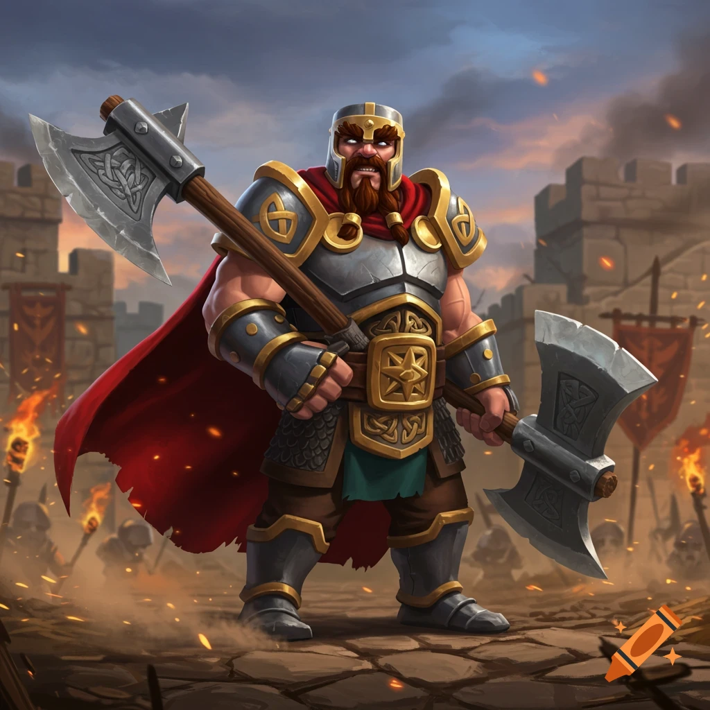 Stylized cartoon dwarf warrior in armor, holding two large axes, standing defiantly before a burning castle.